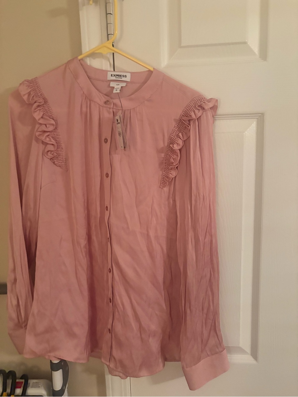 Express Blush Pink Ruffle-Shoulder Button-Down Blouse